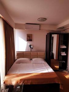 a bedroom with a large bed with a window at Asia Hotel in Târgu Jiu