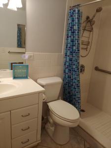 uma casa de banho com um WC e uma cortina de chuveiro em Space Coast Retreat em Satellite Beach