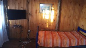 Dormitorio con cama, lámpara y TV en Cabañas El Caribe - Bonaire, en San Luis