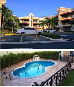 two pictures of a swimming pool in a parking lot at 1Dom Rep - Huge cozy 3 bedrooms - Electric transformer and Inverter- close to all transportation Jacobo Majluta - Residencial Paradise V Colina Arroyo 1 in Santo Domingo