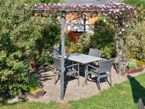 una mesa y sillas sentadas bajo una pérgola en Ferienhaus Stülb, en Zeltingen-Rachtig