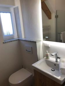 a bathroom with a sink and a toilet and a window at Ferienwohnung Zückner, Fränkisches Seenland in Georgensgmünd