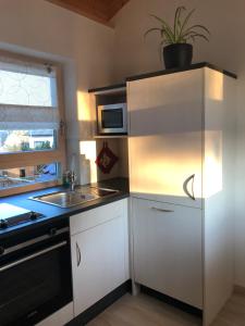 a kitchen with a white refrigerator and a sink at Ferienwohnung Zückner, Fränkisches Seenland in Georgensgmünd