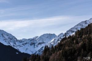 a snow covered mountain range with trees in the foreground at Auberge De La Foret in Auris