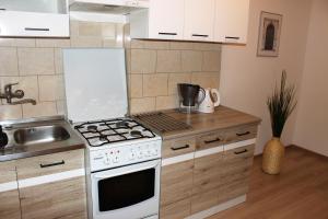 kuchnia z kuchenką górny piekarnik obok zlewu w obiekcie Dom Warszawa/Legionowo w mieście Legionowo +12 zdjęć