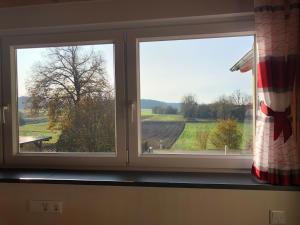 - deux fenêtres dans une chambre avec vue sur un champ dans l'établissement Ferienwohnung Zückner, Fränkisches Seenland, à Georgensgmünd
