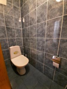 un bagno con wc e parete piastrellata di Двокімнатна квартира біля басейну a Berehove Altre 11 foto