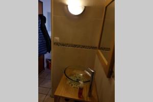 een badkamer met een vissenkom en een lamp aan de muur bij Studio idéalement situé in Cauterets +10 foto's