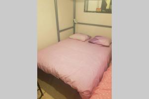 een kamer met 2 aparte bedden en roze lakens bij Studio idéalement situé in Cauterets