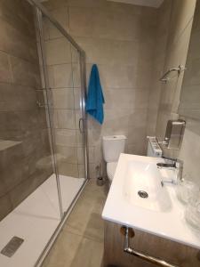 La salle de bains est pourvue d'une douche, d'un lavabo et de toilettes. dans l'établissement Dúplex a la Massana a 25 metres del telecabina de pal 612, à La Massana