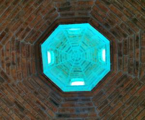 an overhead view of a blue glass ceiling at Posada Casa del Minero in Mineral de Pozos