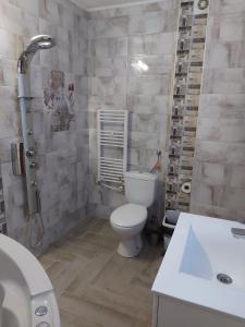 a bathroom with a toilet and a shower and a sink at Sweet Life Family Hotel in Tsigov Chark