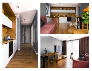 two different views of a living room and a kitchen at Apartamenty Cypryjskie in Koszalin