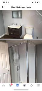 a bathroom with a toilet and a sink and a shower at GROOMS COTTAGE OUTSIDE HOT TUB in Beith