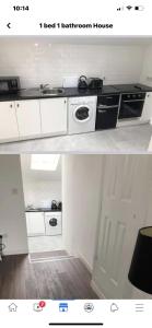 a kitchen with white cabinets and a white stove at GROOMS COTTAGE OUTSIDE HOT TUB in Beith