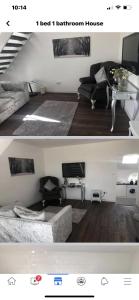 duas fotos de uma sala de estar com um sofá e uma mesa em GROOMS COTTAGE OUTSIDE HOT TUB em Beith