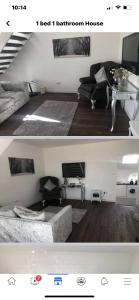 two pictures of a living room with a couch and a table at GROOMS COTTAGE OUTSIDE HOT TUB in Beith +5 photos