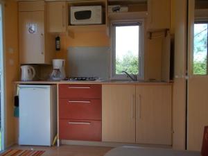 una pequeña cocina con fregadero y microondas en camping aire du gros pré, en Lesseux