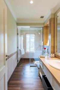 La salle de bains est pourvue d'un lavabo et d'une douche. dans l'établissement Welcomhotel by ITC Hotels, The Savoy, Mussoorie, à Mussoorie