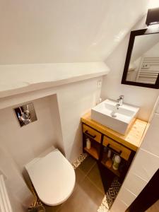 uma casa de banho com um WC branco e um lavatório. em La Cabourgeaise em Cabourg