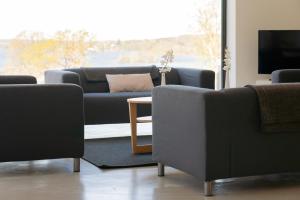 a living room with couches and a tv and a table at Appartmenthaus Panoramic in Malente