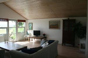 een woonkamer met een bank en een tafel bij Rolsø Retreat - the apartment in Knebel