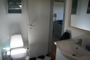 a bathroom with a white toilet and a sink at Rolsø Retreat - the apartment in Knebel +15 photos
