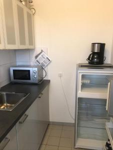 eine Küche mit einer Spüle und einer Mikrowelle auf der Theke in der Unterkunft Helle Wohnung mit Balkon in Pachten