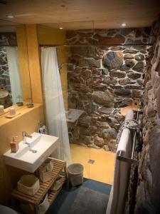 a bathroom with a sink and a stone wall at Le 30 in Troistorrents