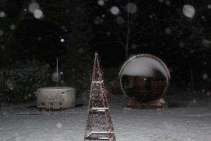 a christmas tree and a large mirror in a yard at B&B 't Goedhof in Maaseik