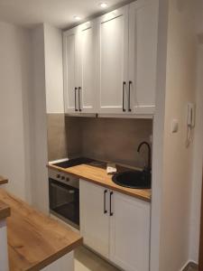 Una cocina con gabinetes blancos y un fregadero. en Vila Irina Kopaonik - Apartman IN, en Kopaonik