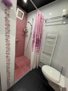 uma casa de banho com um chuveiro e um WC. em Armine's B&B em Guiumri