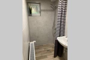 La salle de bains est pourvue d'un lavabo et d'une douche. dans l'établissement Modernes Apartment Nr3 nahe Reeperbahn bis 8 Personen, à Hambourg