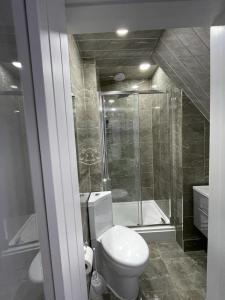 a bathroom with a toilet and a shower and a tub at 3 Bedroom Whalley Aparthotel in Burnley