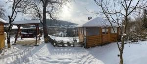 uma cabina coberta de neve com um gazebo em Batkivska Svitlitsa em Slavske