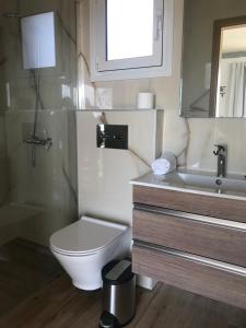 a bathroom with a toilet and a sink and a mirror at Blue Sky in Frangokastello