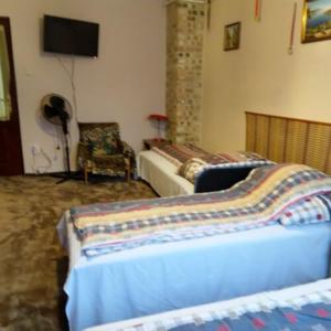 a room with two beds and a tv and a chair at Bundik Vendégház in Berettyóújfalu