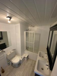 La salle de bains blanche est pourvue de toilettes et d'un lavabo. dans l'établissement Chambre calme (Mercure) - proche Paris et TGV, à Massy