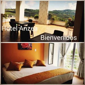 2 fotos de un dormitorio con cama y balcón en Hotel Anzea, en Anserma