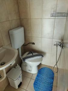 y baño con aseo, lavabo y alfombra azul. en Ioli's Apartments, en Archangelos 49 fotos más