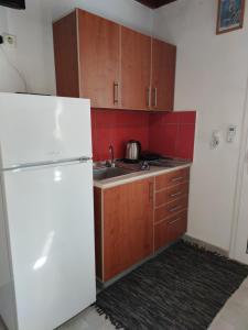 a kitchen with a white refrigerator and wooden cabinets at Ioli's Apartments in Archangelos