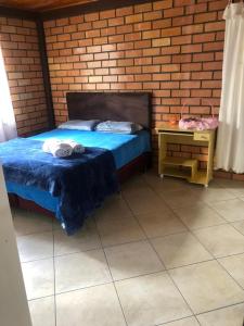 a bedroom with a bed and a brick wall at Sítio com Piscina e Vista a 12km de Treze Tílias in Ibicaré