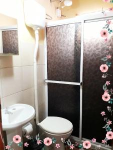 uma casa de banho com um chuveiro, um WC e um lavatório. em Residencial Azaleas Place Guest House em Puerto Iguazú