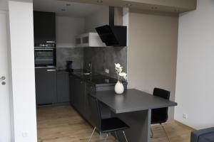 a kitchen with black counters and a black counter top at Vicky´s Ferienwohnung Am Nordertor in Flensburg