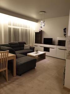 ein Wohnzimmer mit einem Sofa und einem Tisch in der Unterkunft Skuodo IIB in Kaunas