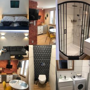 a collage of photos of a bathroom and a bedroom at Apartamencik - Kowary in Kowary