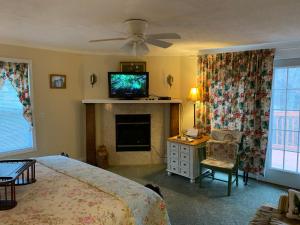 1 dormitorio con 1 cama y chimenea con TV en Emerald Necklace Inn Bed and Breakfast, en Lakewood