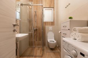a small bathroom with a shower and a toilet at Bonintro Lux Apartment in Kotor +15 photos