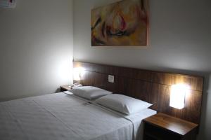 een slaapkamer met een bed met twee kussens erop bij Steel Valley Economic Hotel in Ipatinga +3 foto's