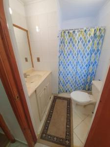 a bathroom with a toilet and a sink and a shower at Cabañas Mulpun in Licán Ray +13 photos